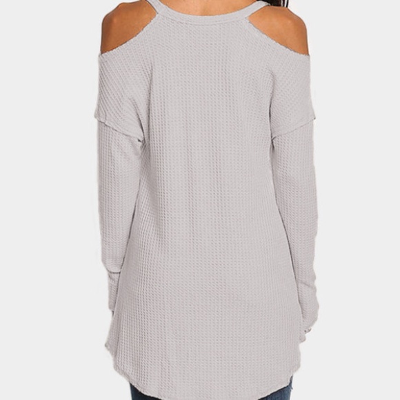 Comfy GreyBeige Cold shoulder knit long sleeve top - Picture 2 of 2